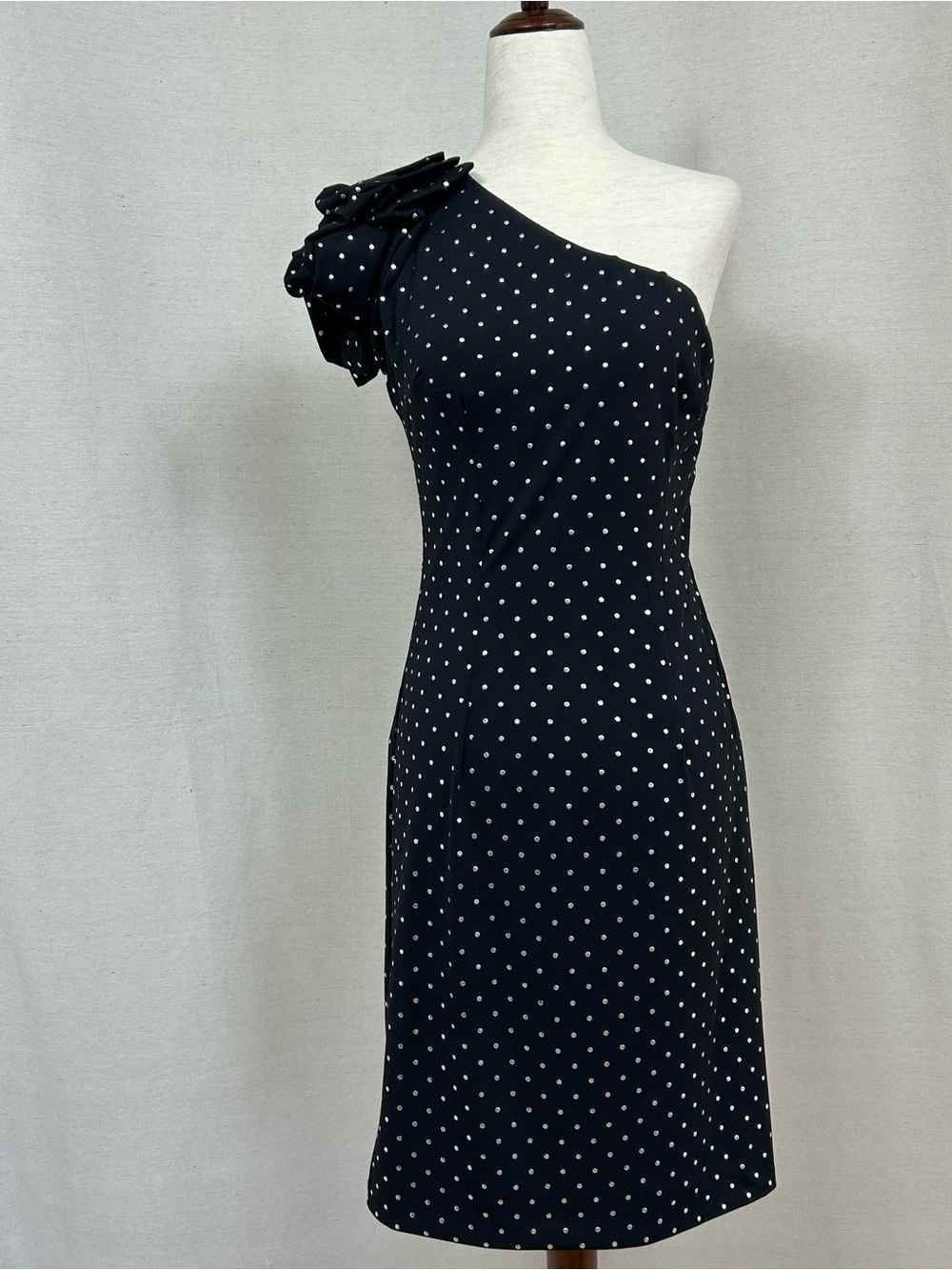 Black with Metallic Silver Polka Dot One-Shoulder Dress